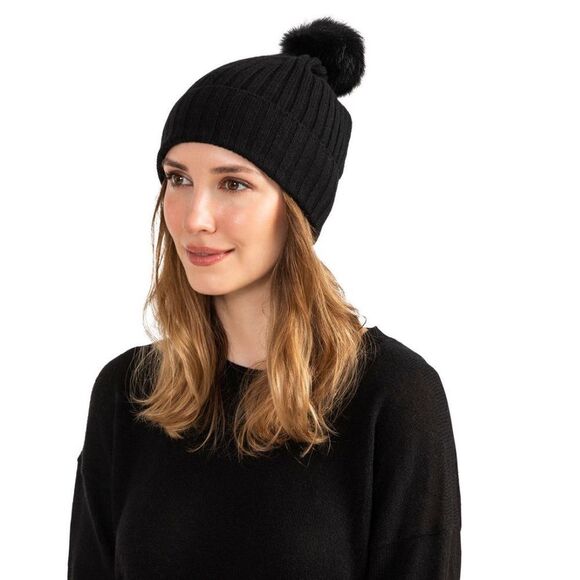 AMICALE Cashmere Genuine Shearling Pompom Beanie Hat, Color: Black, One Size NWT - Picture 1 of 6